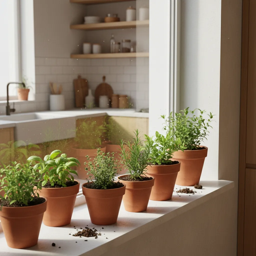 kitchen herb plants near window with small gnats above soil