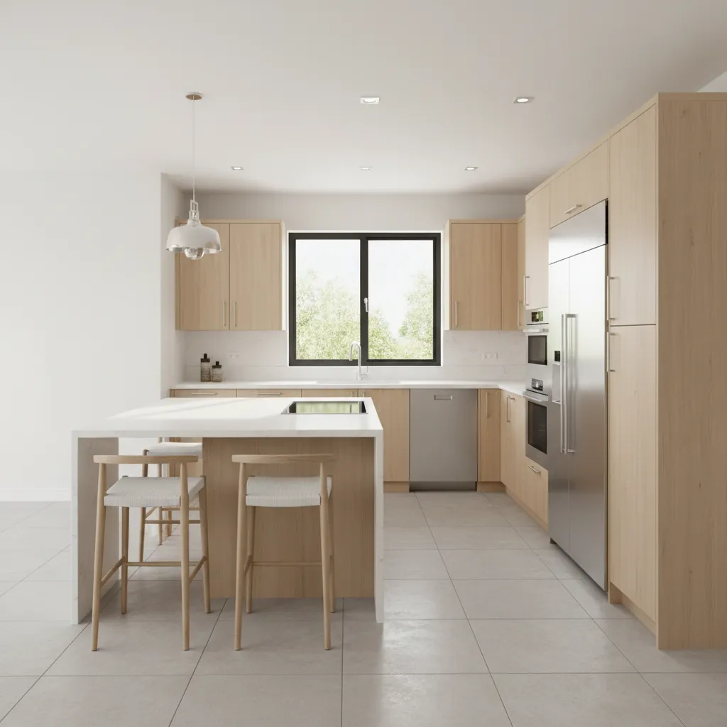 modern kitchen layout with cabinets and appliances installed