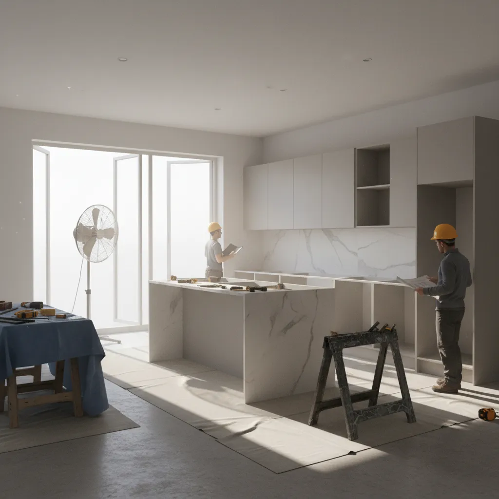 Kitchen renovation with open windows and fan for ventilation during cabinet adhesive curing
