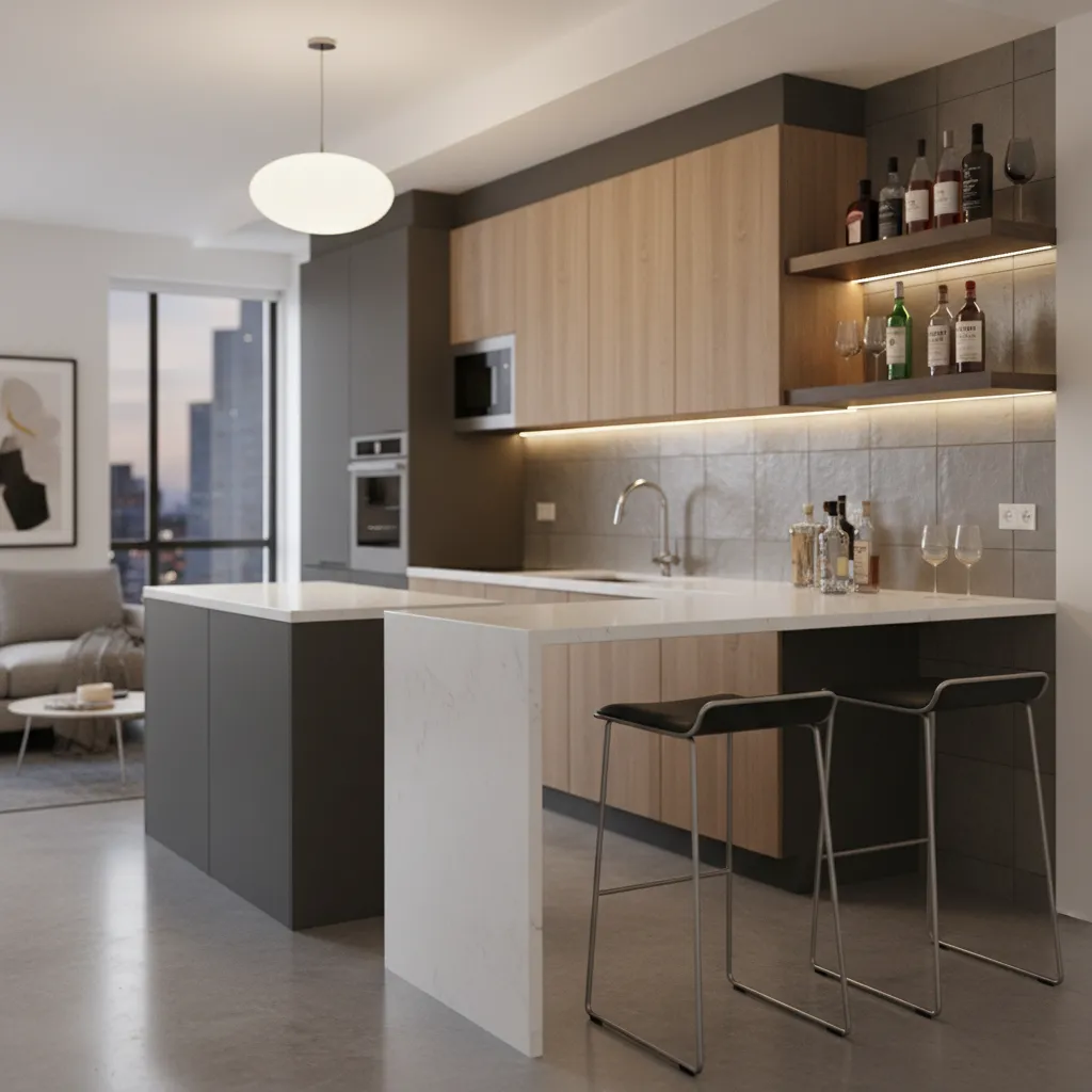 Bar pequeño integrado al final de una cocina moderna