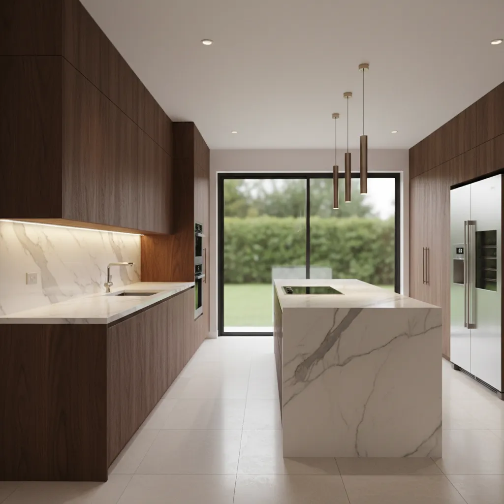 Modern kitchen with dark wood cabinets marble island white tiled floor ceiling lights and garden