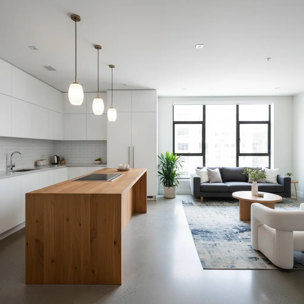Cocina moderna abierta conectada con sala en apartamento