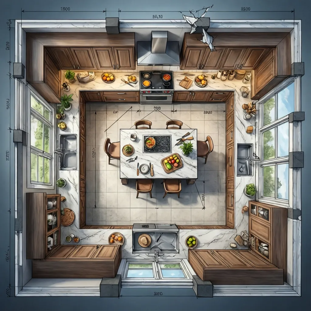 Top down interior design drawing of kitchen with wood cabinets, center island and stone tile floor