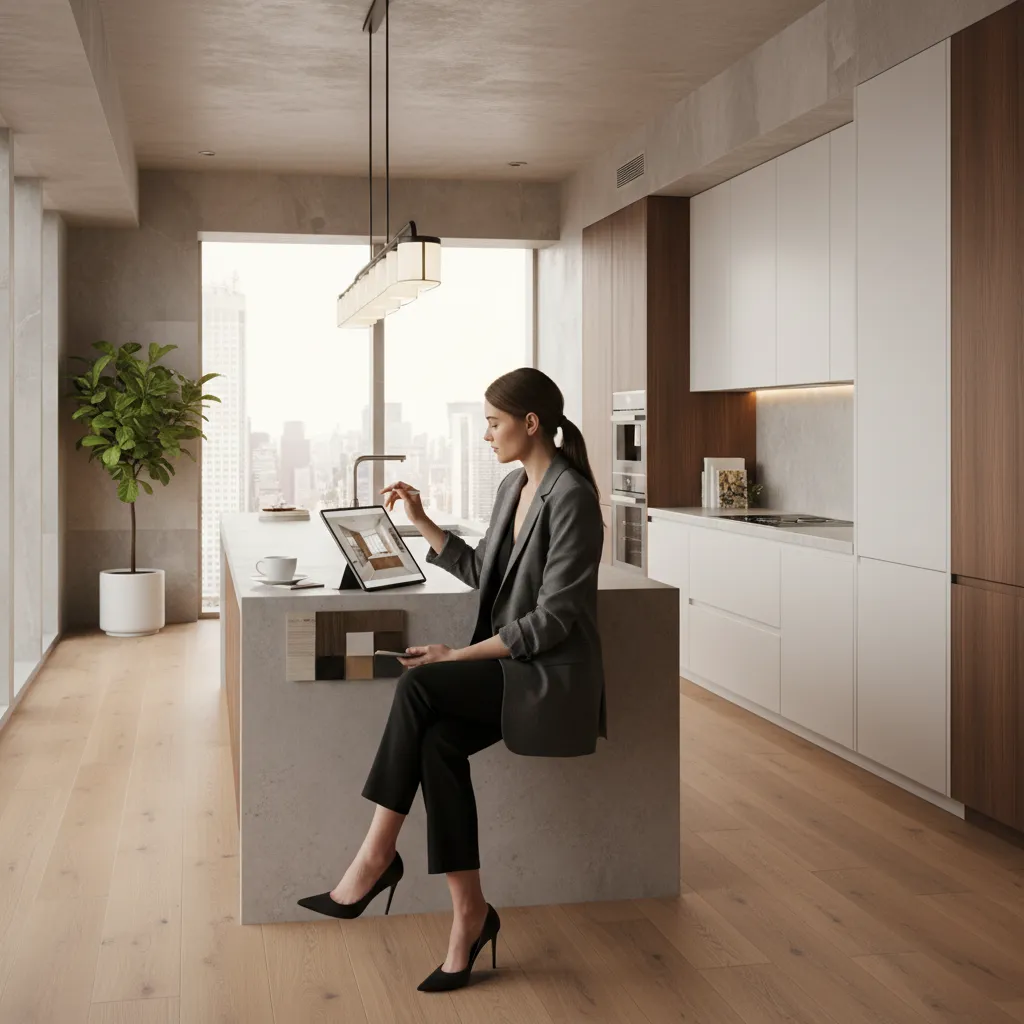 Diseñador planificando la distribución de una cocina moderna