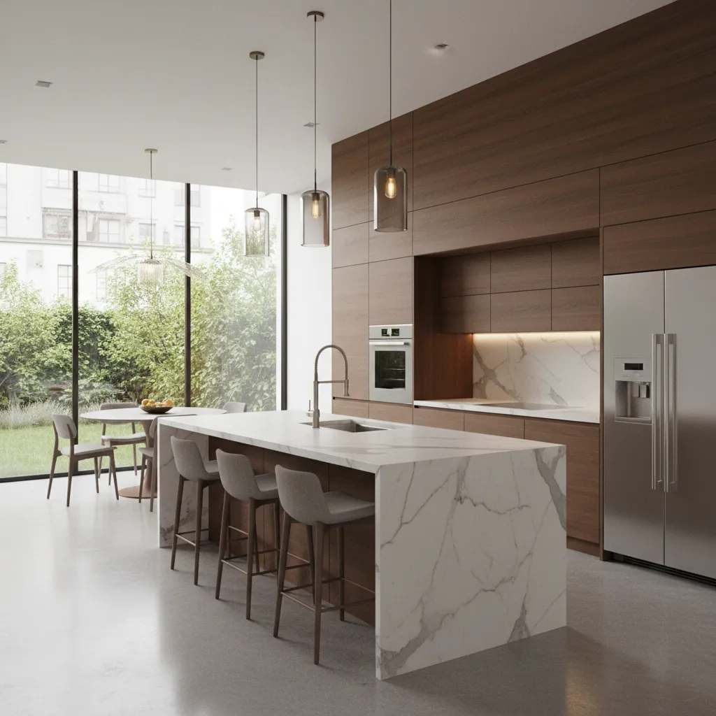 Modern kitchen with marble island bar stools wooden cabinets ceiling lights and large glass windows