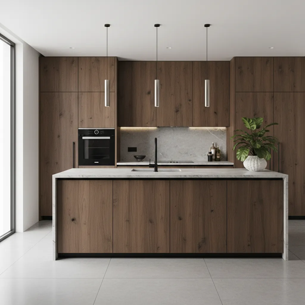 Modern kitchen featuring dark wood cabinets marble island three silver ceiling lights and potted plant