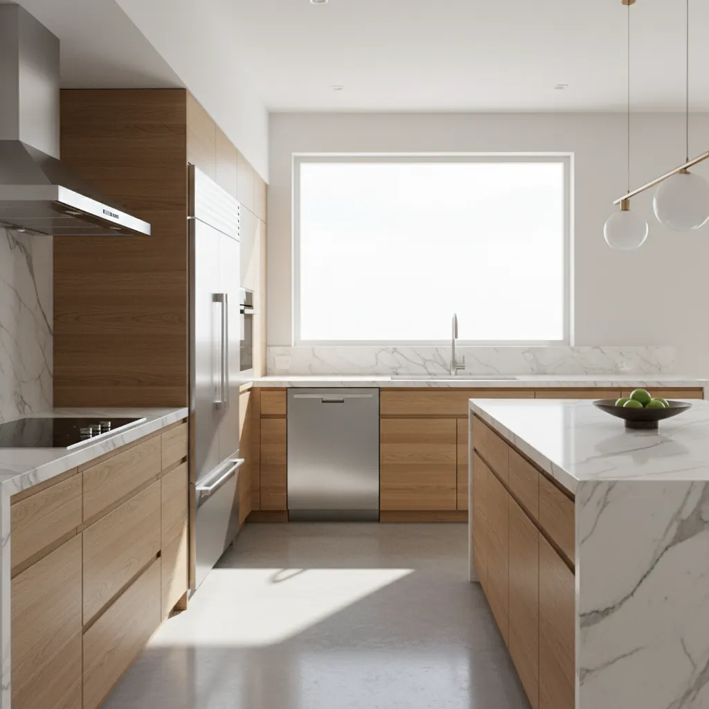 Render hiperrealista de cocina moderna con encimera de piedra y luz natural