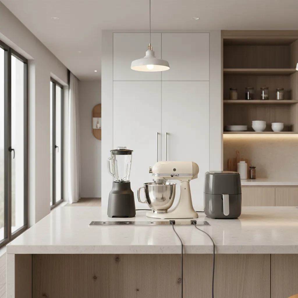 multiple kitchen appliances plugged into island outlet strip