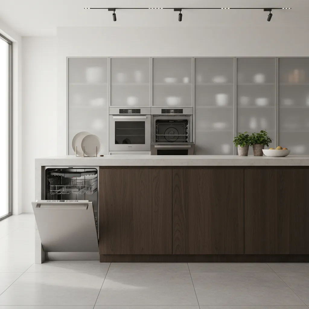 kitchen layout showing dishwasher and oven door clearance near island