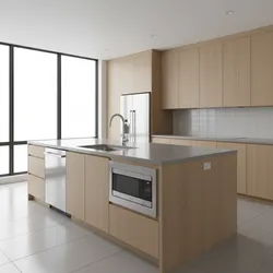Modern kitchen island with wood cabinets featuring a microwave dishwasher and large grey stone countertop