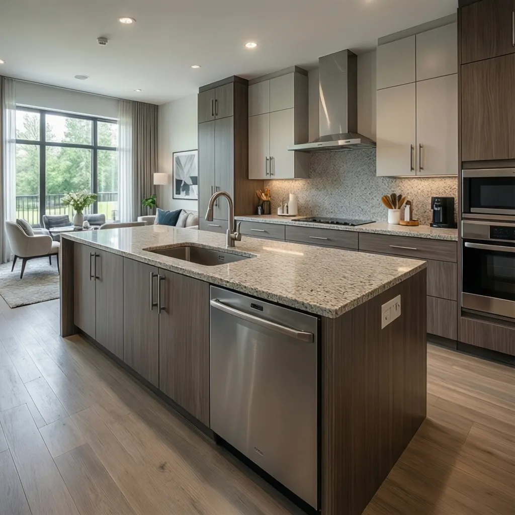 Large kitchen with dark wood cabinets stainless steel dishwasher and oven next to living room