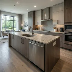Large kitchen with dark wood cabinets stainless steel dishwasher and oven next to living room