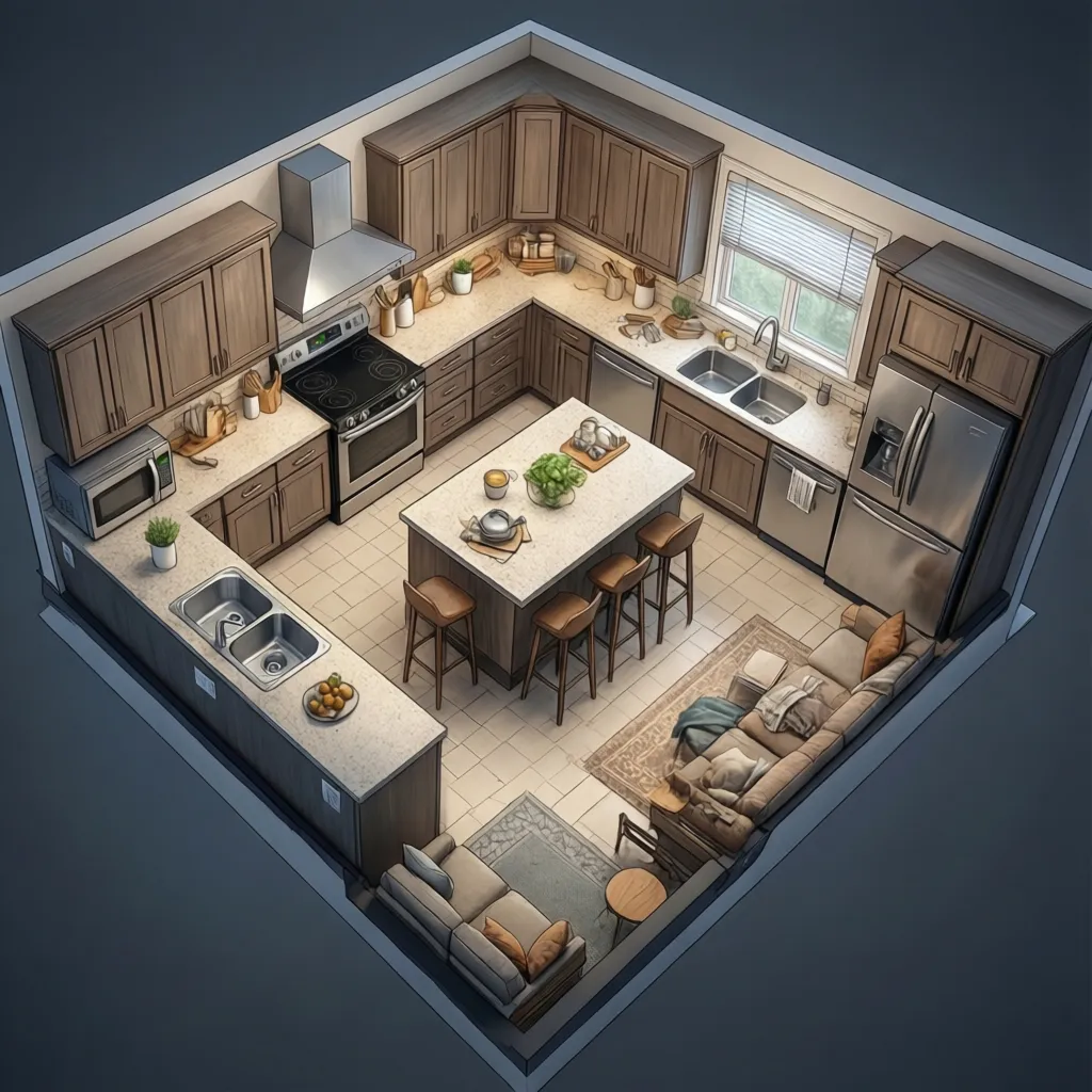 3D kitchen island layout plan showing safe appliance placement