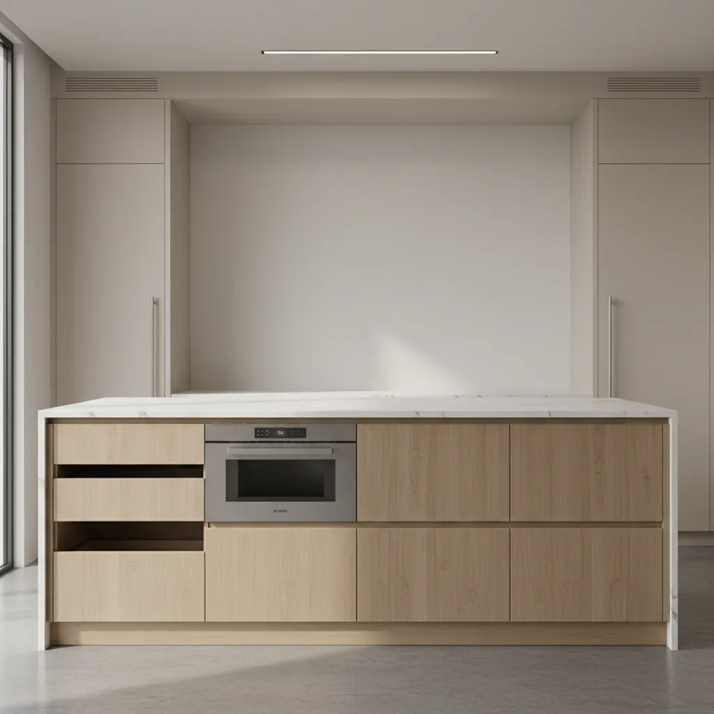 kitchen island with built in microwave drawer and storage cabinets