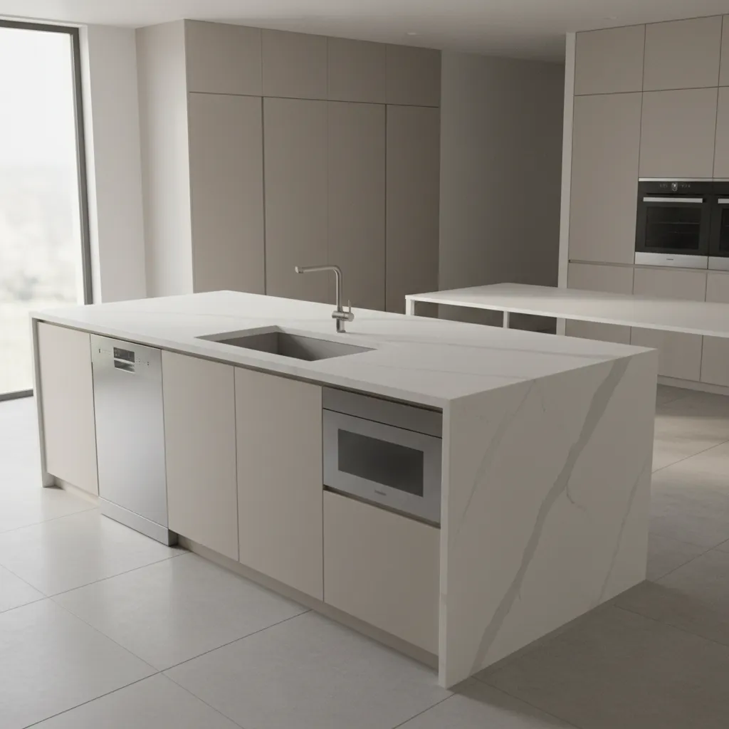 Kitchen island with integrated sink dishwasher and microwave in modern kitchen