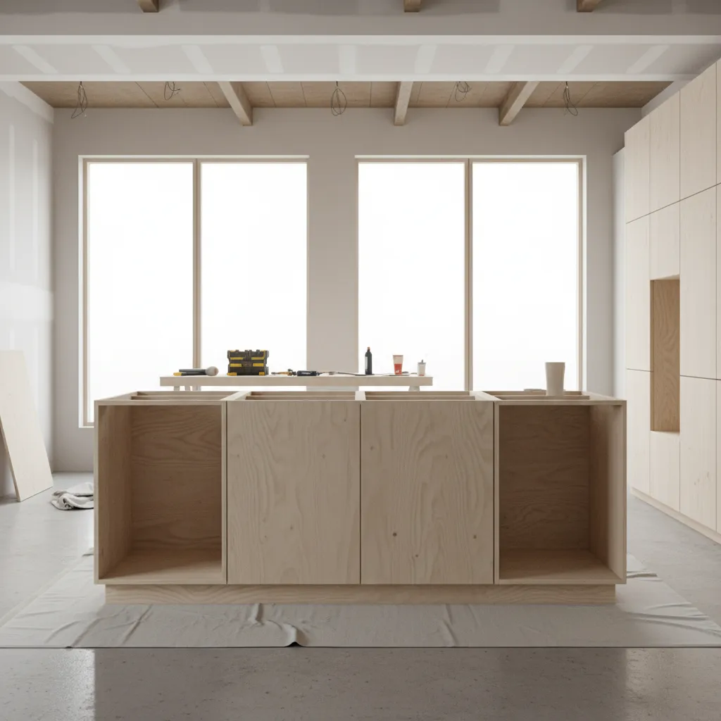 Kitchen island base cabinets installed before countertop