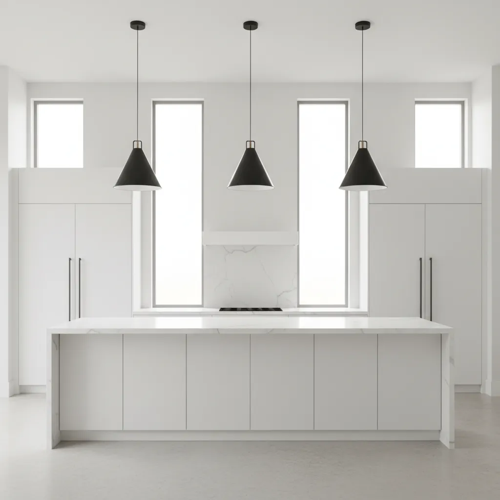 modern kitchen island with three black pendant lights