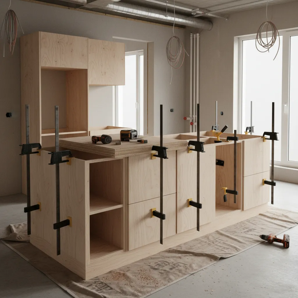 Kitchen island cabinet boxes secured together before countertop installation