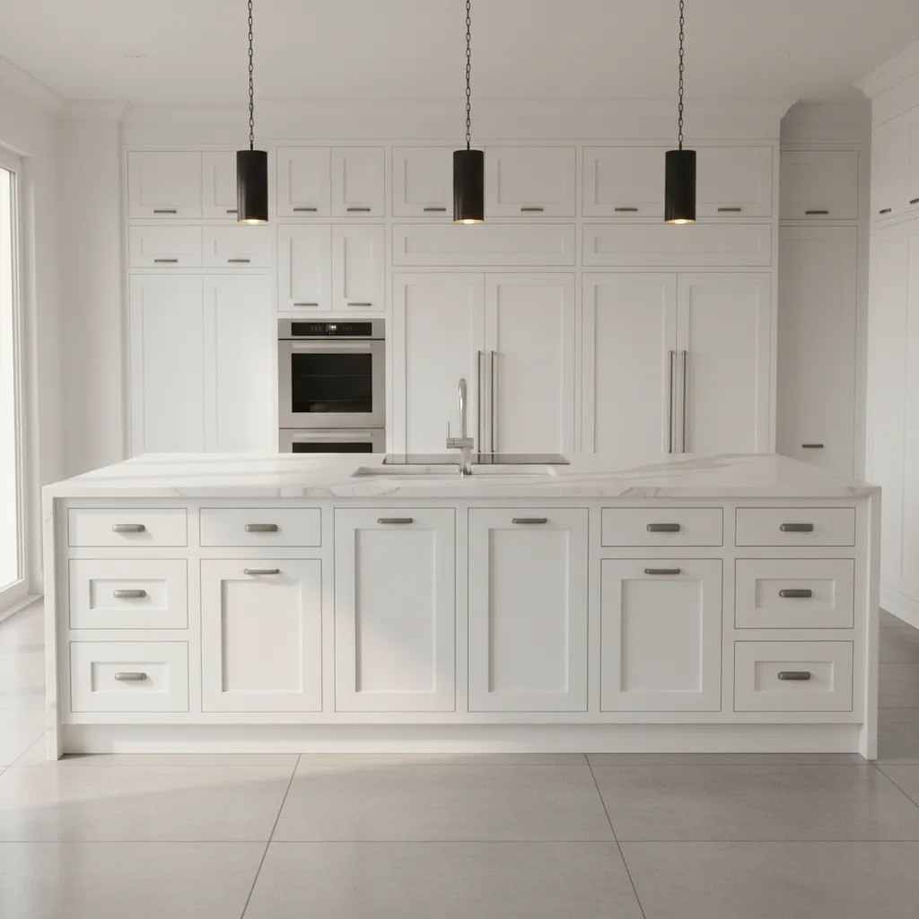 Modern white kitchen island with marble countertop featuring a sink and three black ceiling lights