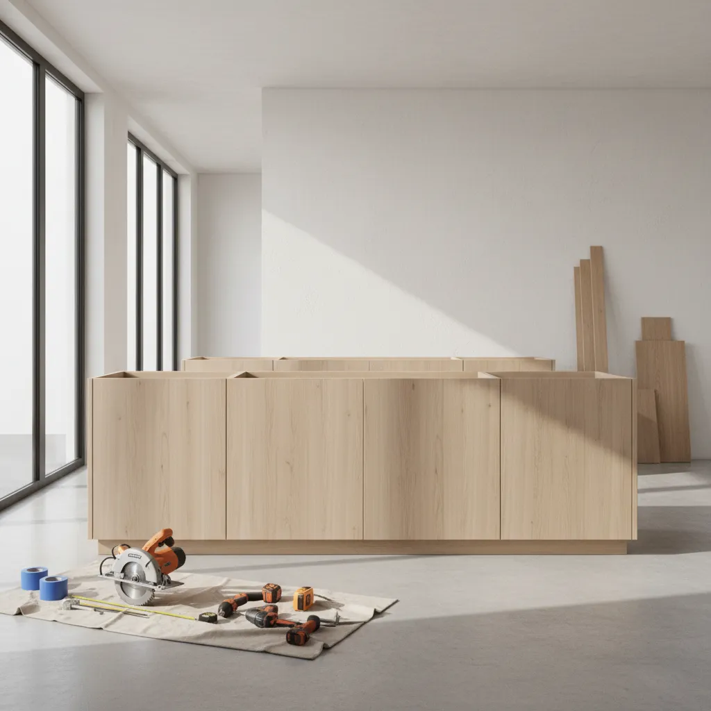unfinished kitchen island base cabinets being installed in modern kitchen