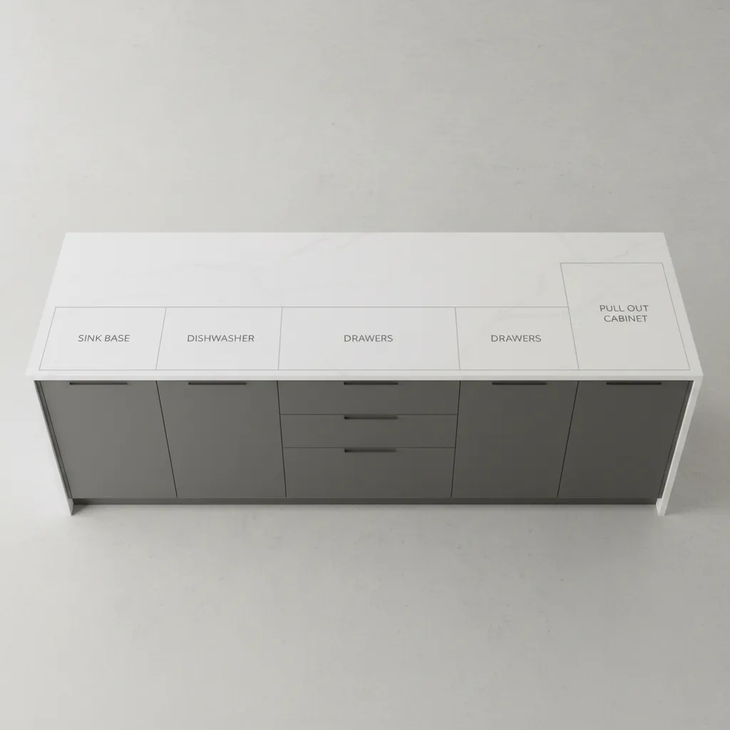 cabinet layout zones in a 6 foot kitchen island with sink and dishwasher