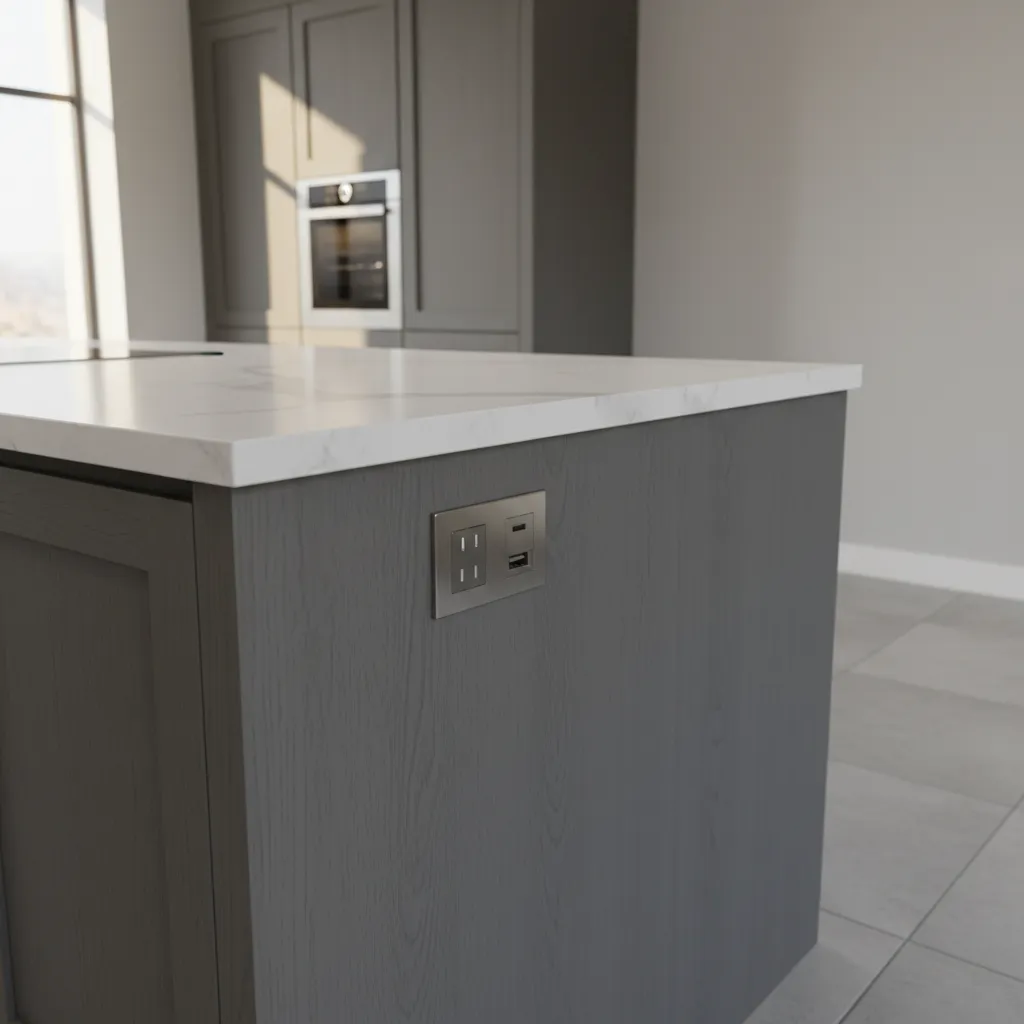 electrical outlet installed on the side panel of a kitchen island cabinet