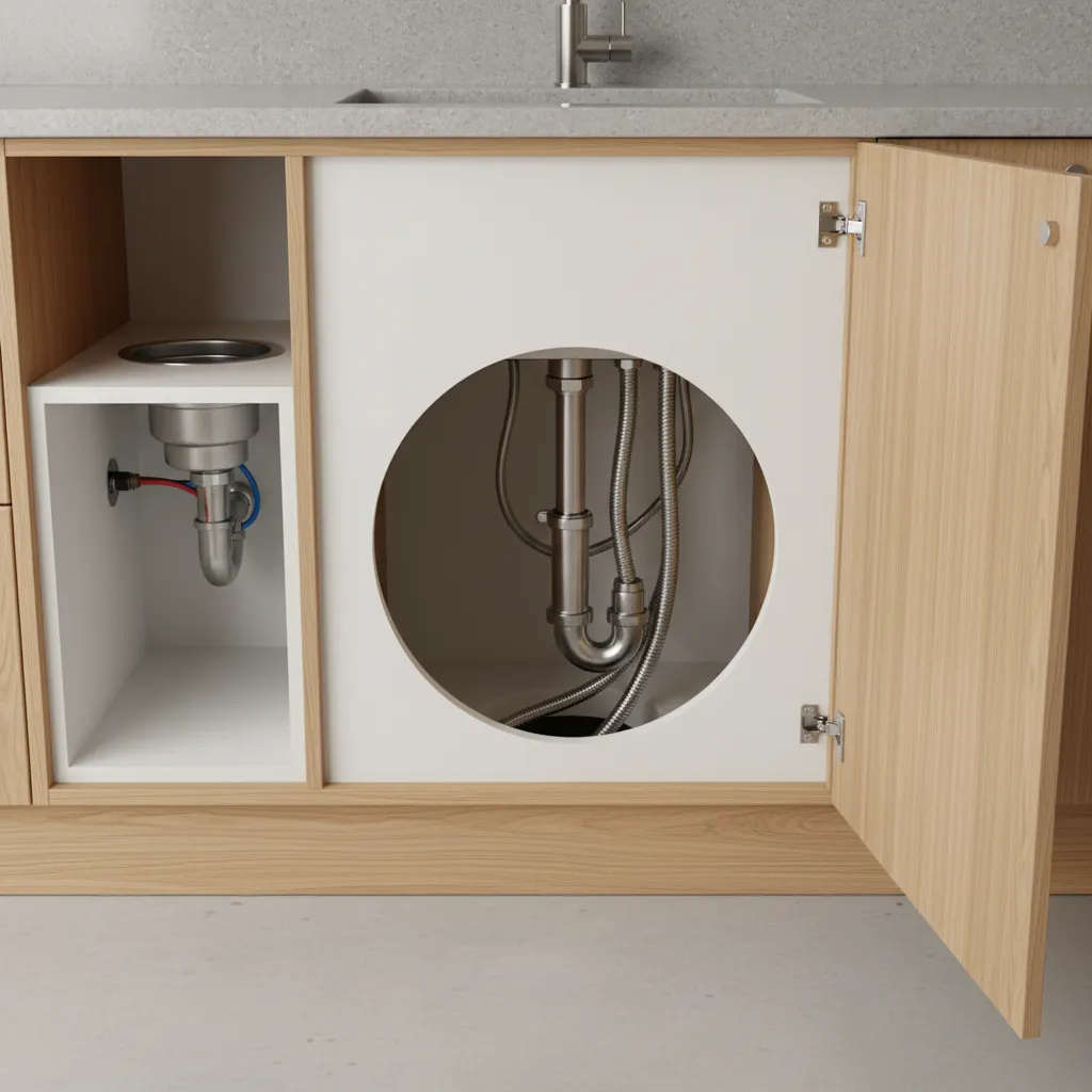 Kitchen island cabinet interior designed for plumbing access