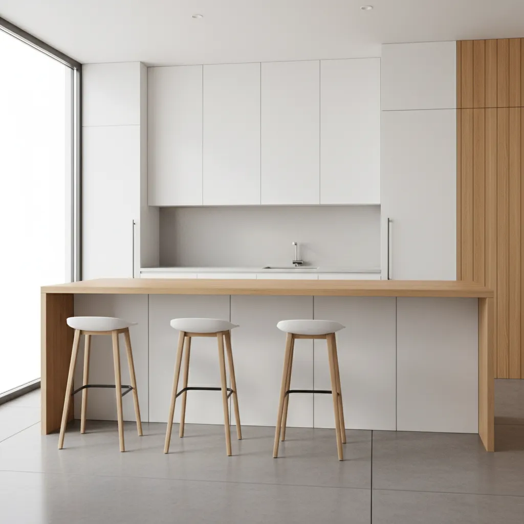 Kitchen island with recessed cabinet base improving legroom