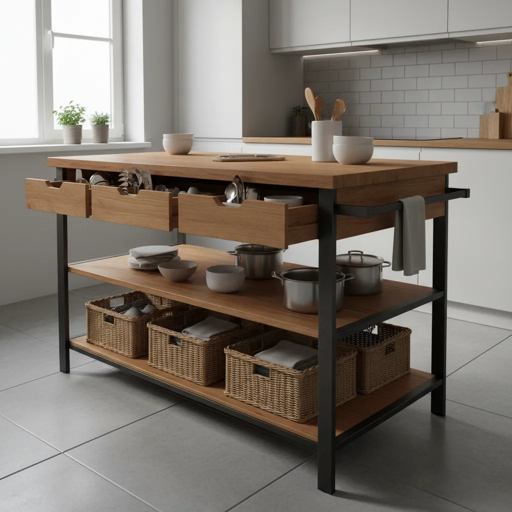 kitchen island cart with drawers shelves and storage baskets