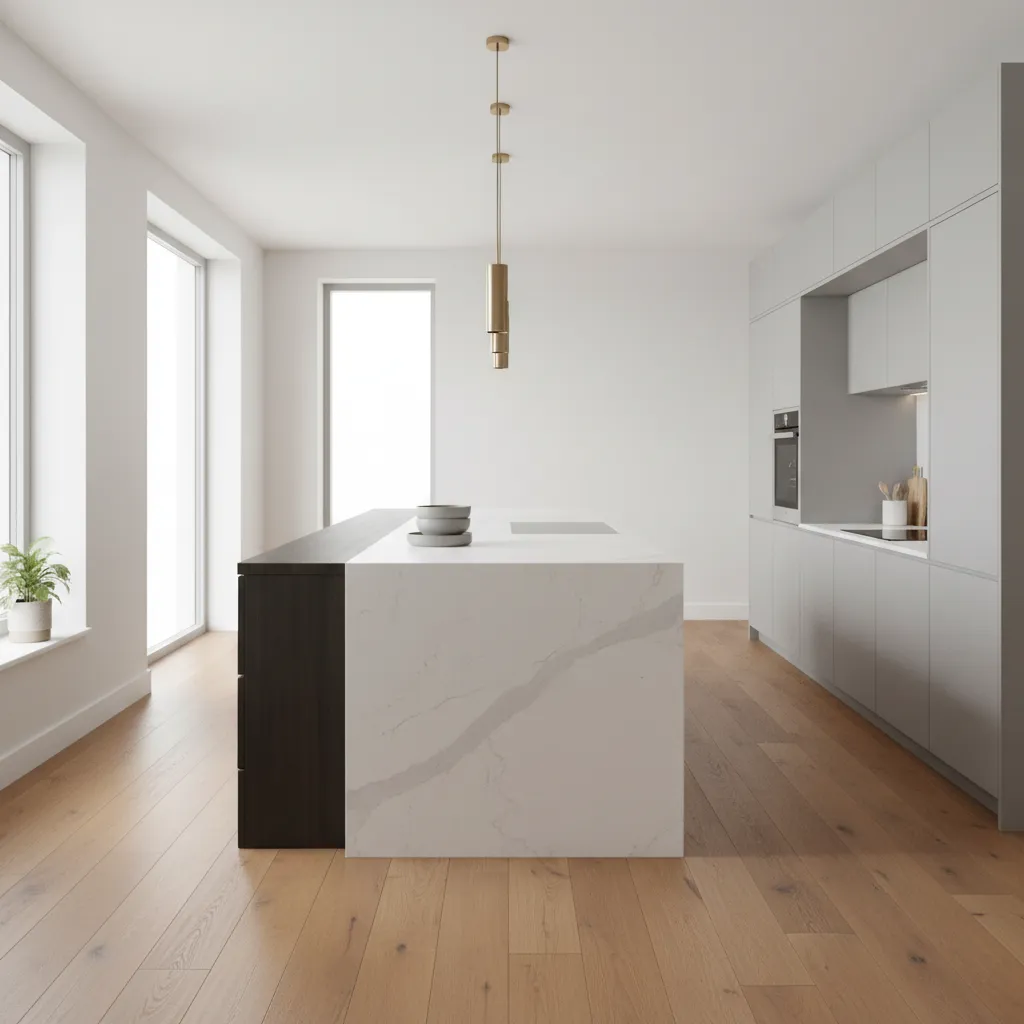 Modern kitchen with central island workspace and surrounding circulation space