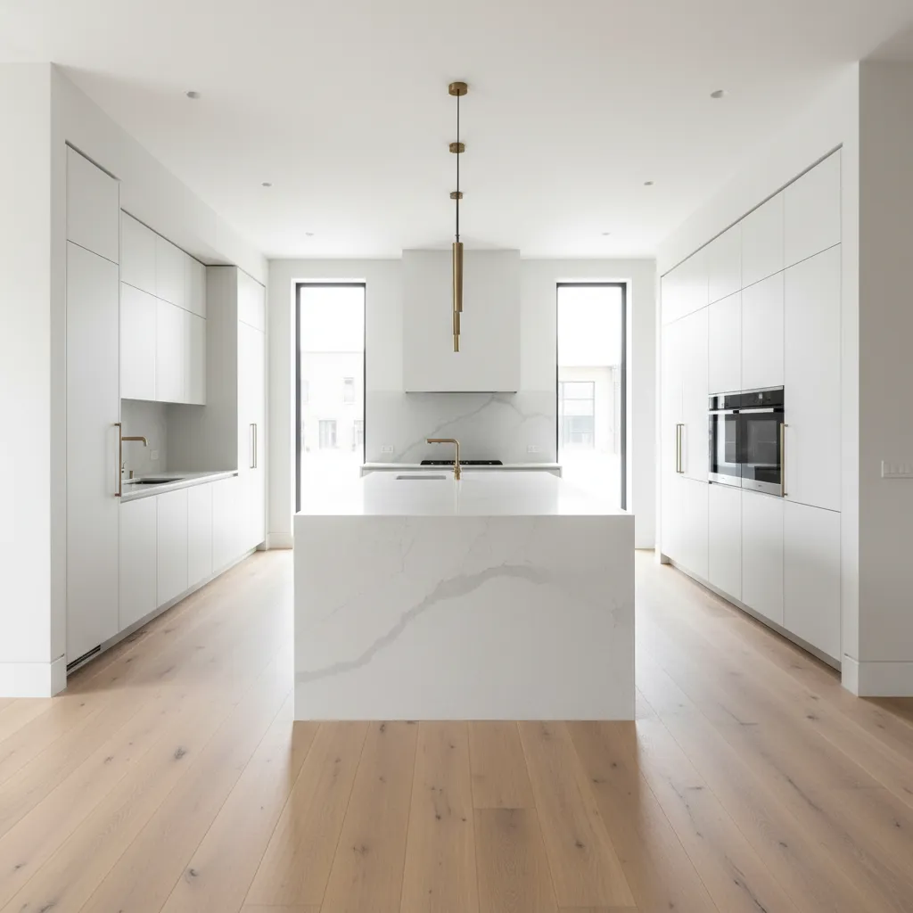 Kitchen island with clear circulation space around cabinets and appliances