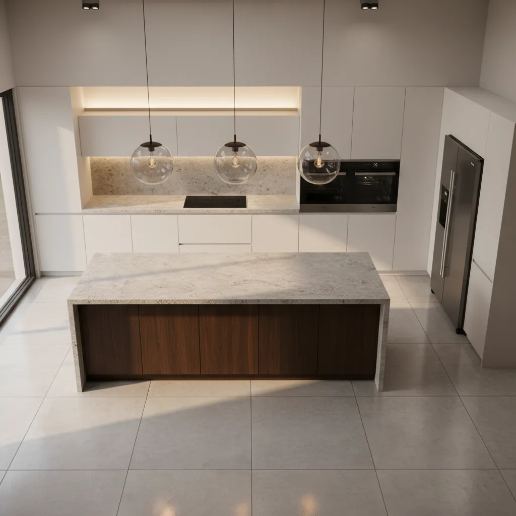 Kitchen island with clear walkway space around it