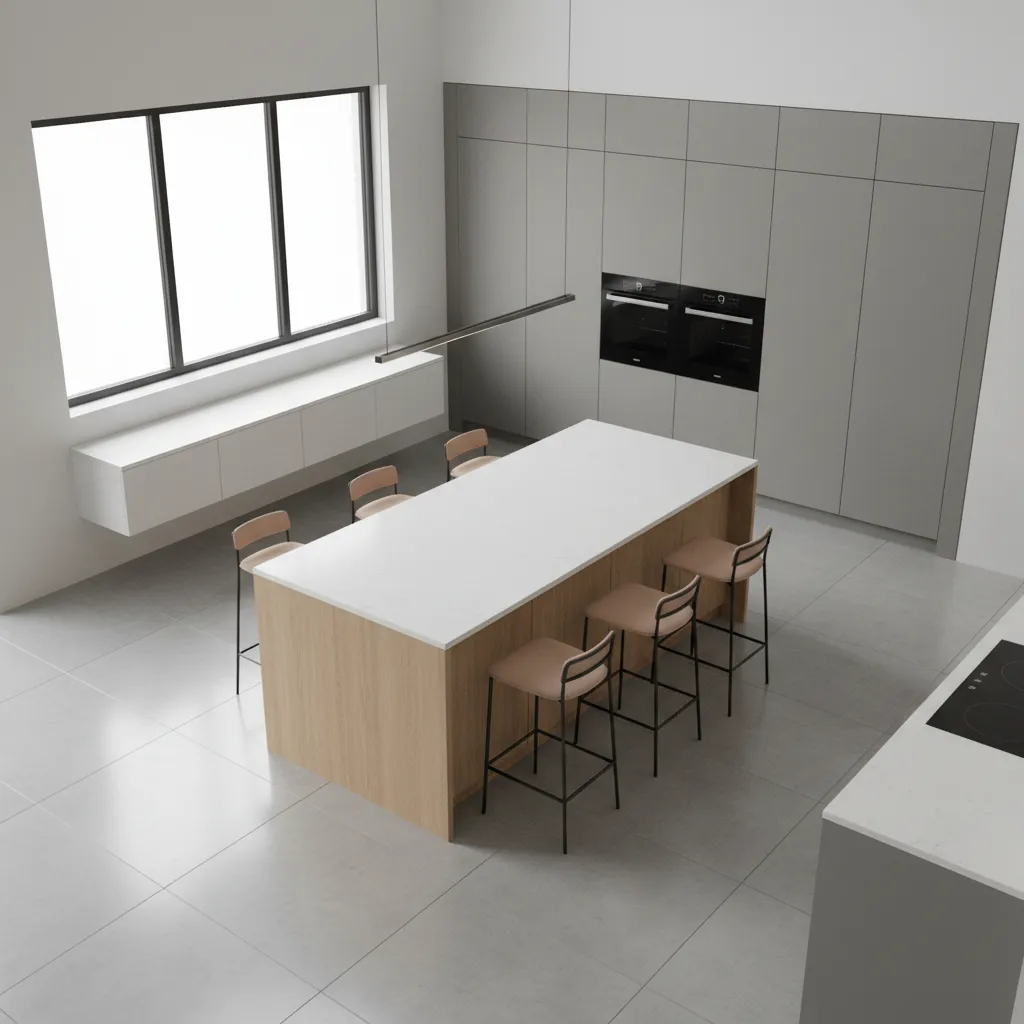 Spacious modern kitchen showing proper walkway clearance around a large island