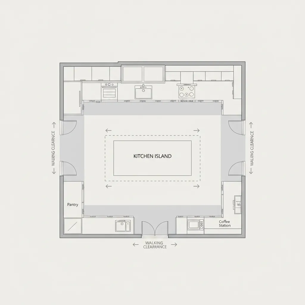 Kitchen layout diagram showing clearance measurements around a large island