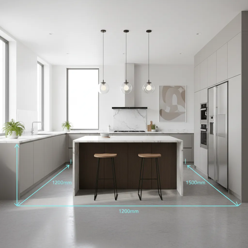 Kitchen layout showing recommended aisle clearance around a kitchen island