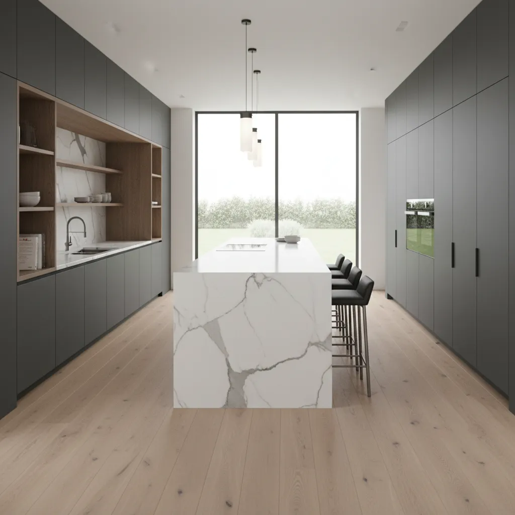 kitchen island with clear walkway space around it