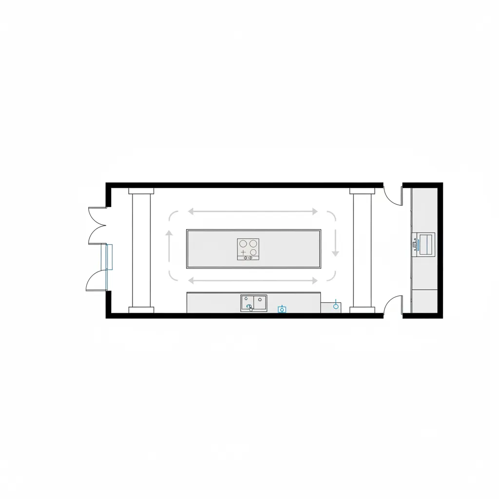 kitchen floor plan showing island column placement and circulation paths