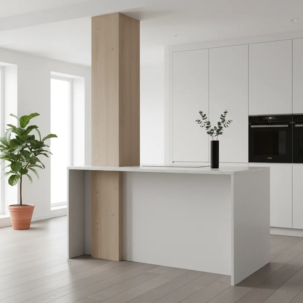 Light-toned kitchen island with structural column designed to appear visually larger
