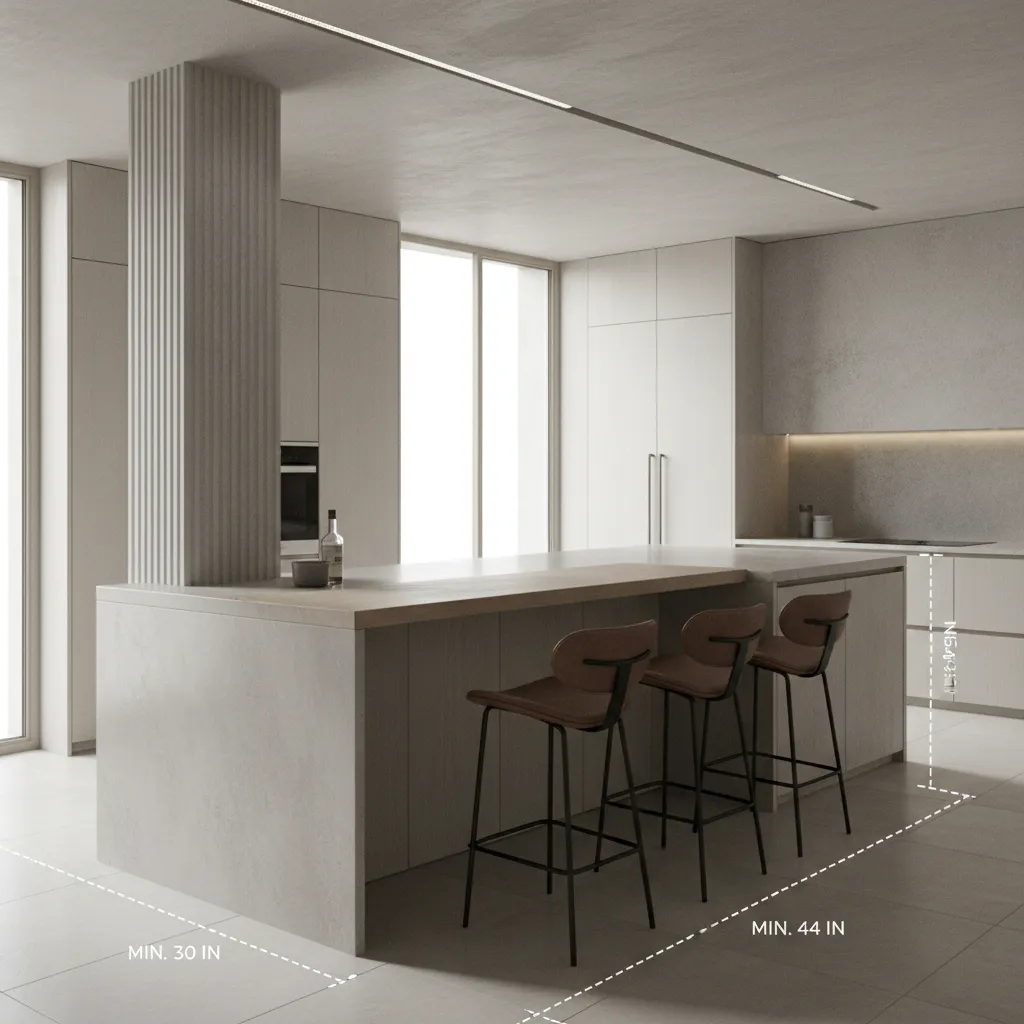 kitchen island seating layout showing column clearance and stools