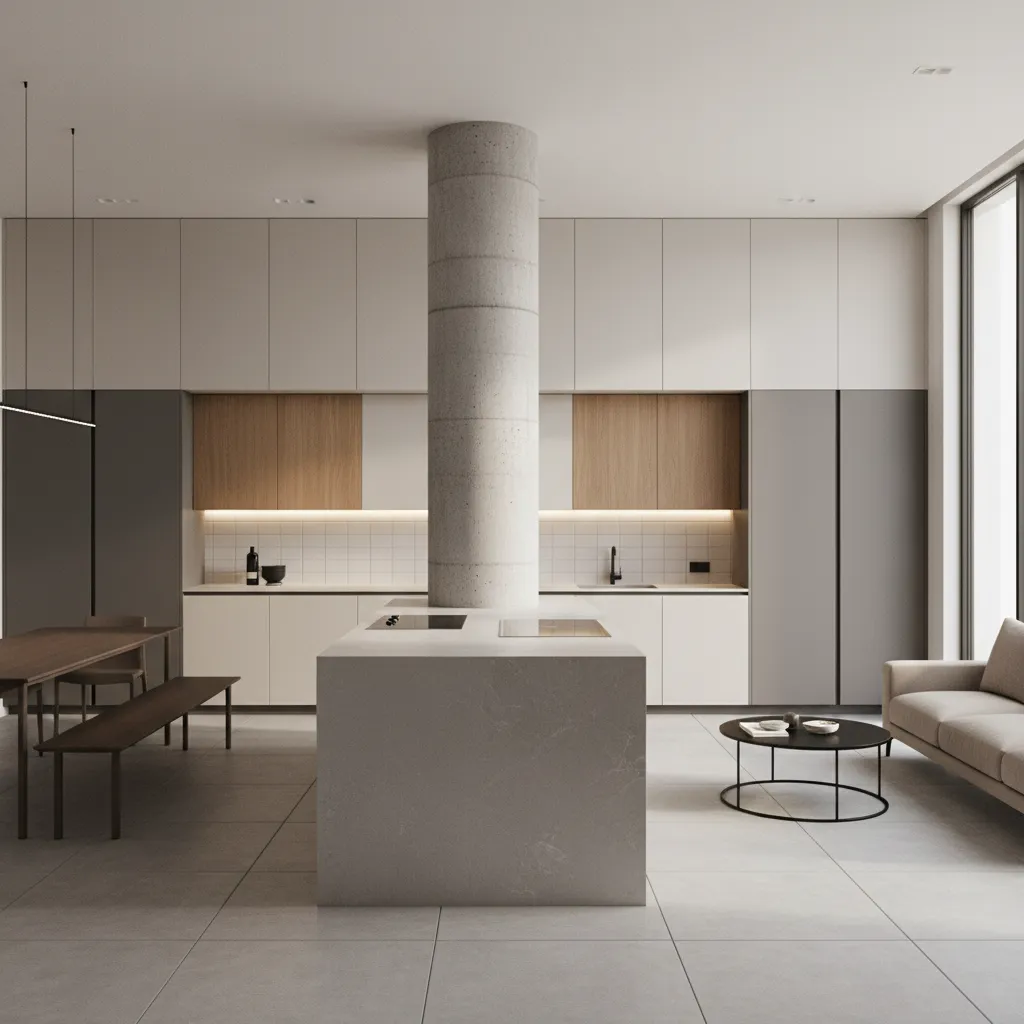 Kitchen island with central structural column affecting workspace layout