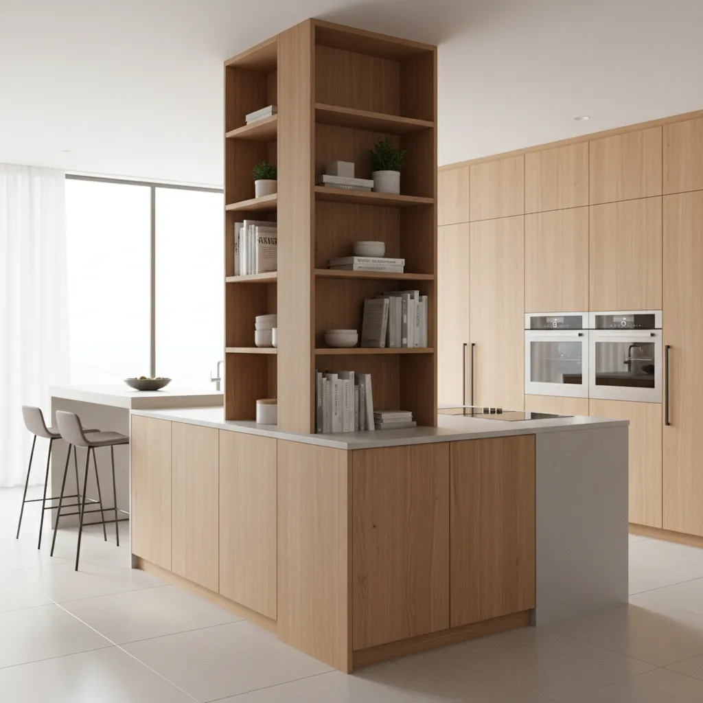 Kitchen island column converted into shelving and storage feature
