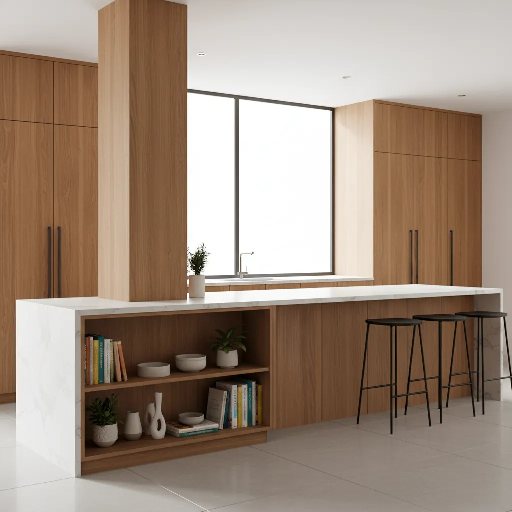 kitchen island column integrated with shelving and storage