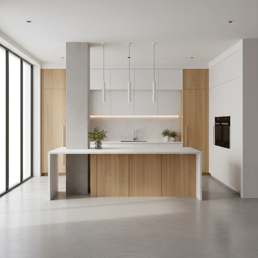 Kitchen island with column showing proper walkway clearance