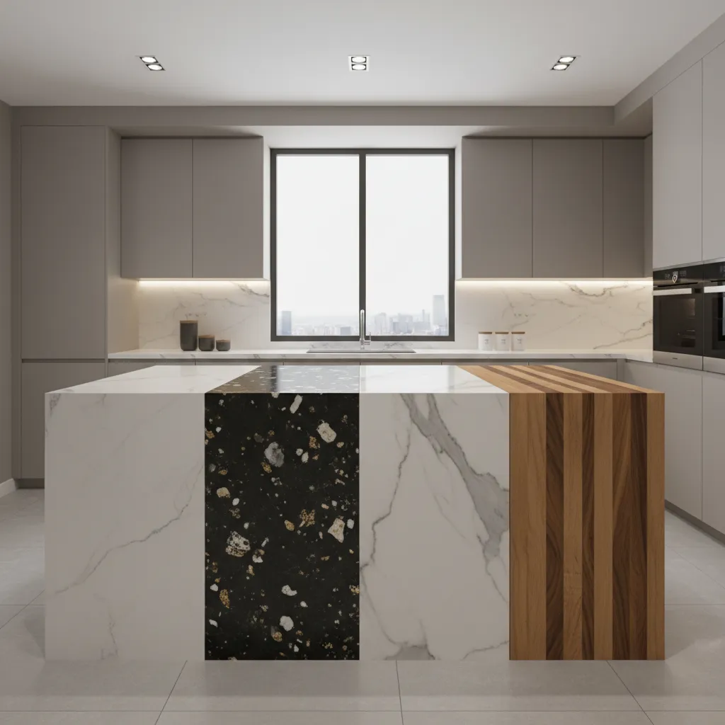 kitchen island with different countertop materials comparison