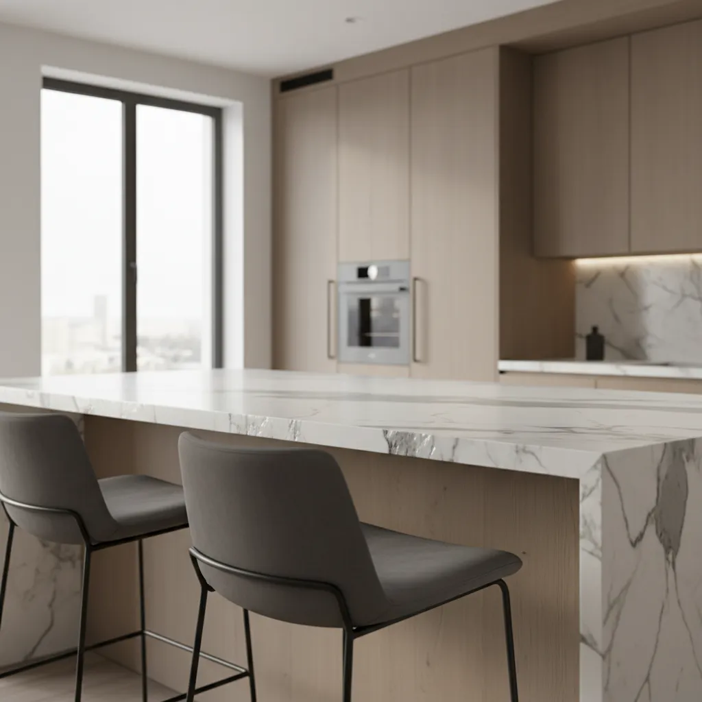 close view of kitchen island countertop overhang with bar stools