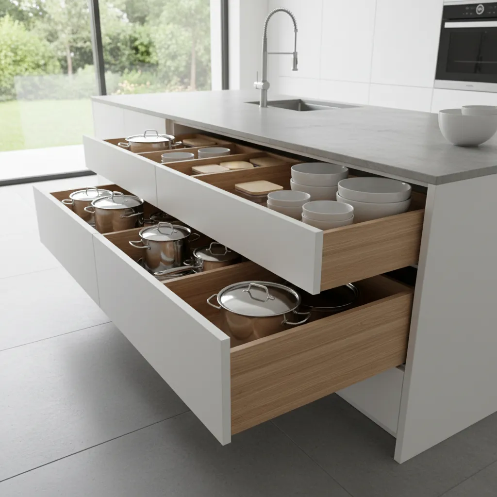 deep drawer storage system in kitchen island cabinet