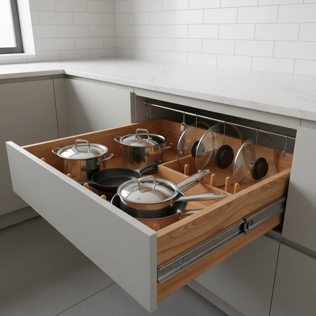 deep kitchen island drawers storing pots pans and cookware