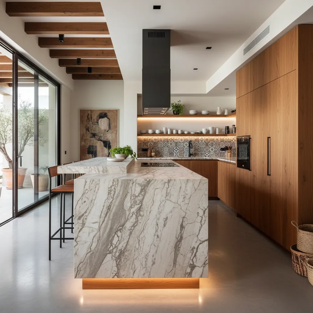 Cocina moderna con isla central bien dimensionada