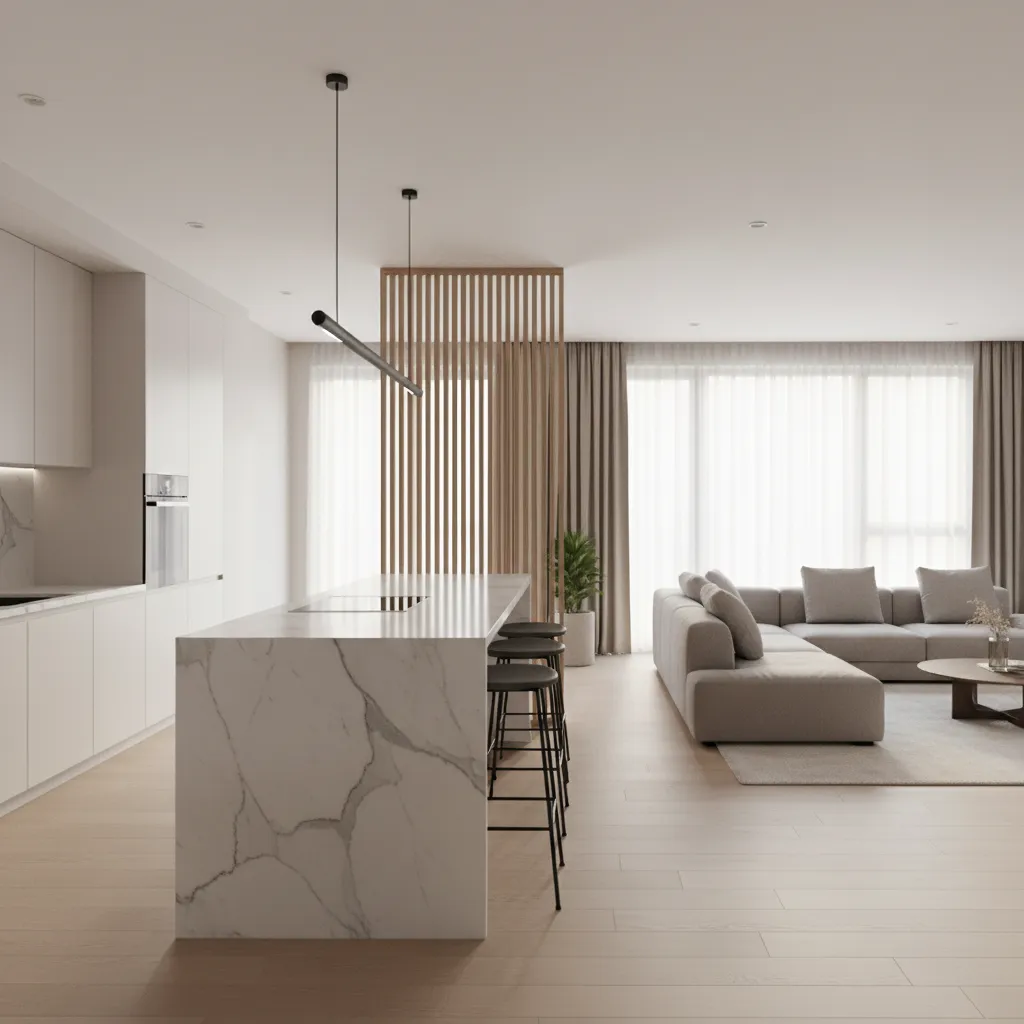 Kitchen island combined with vertical divider separating living room