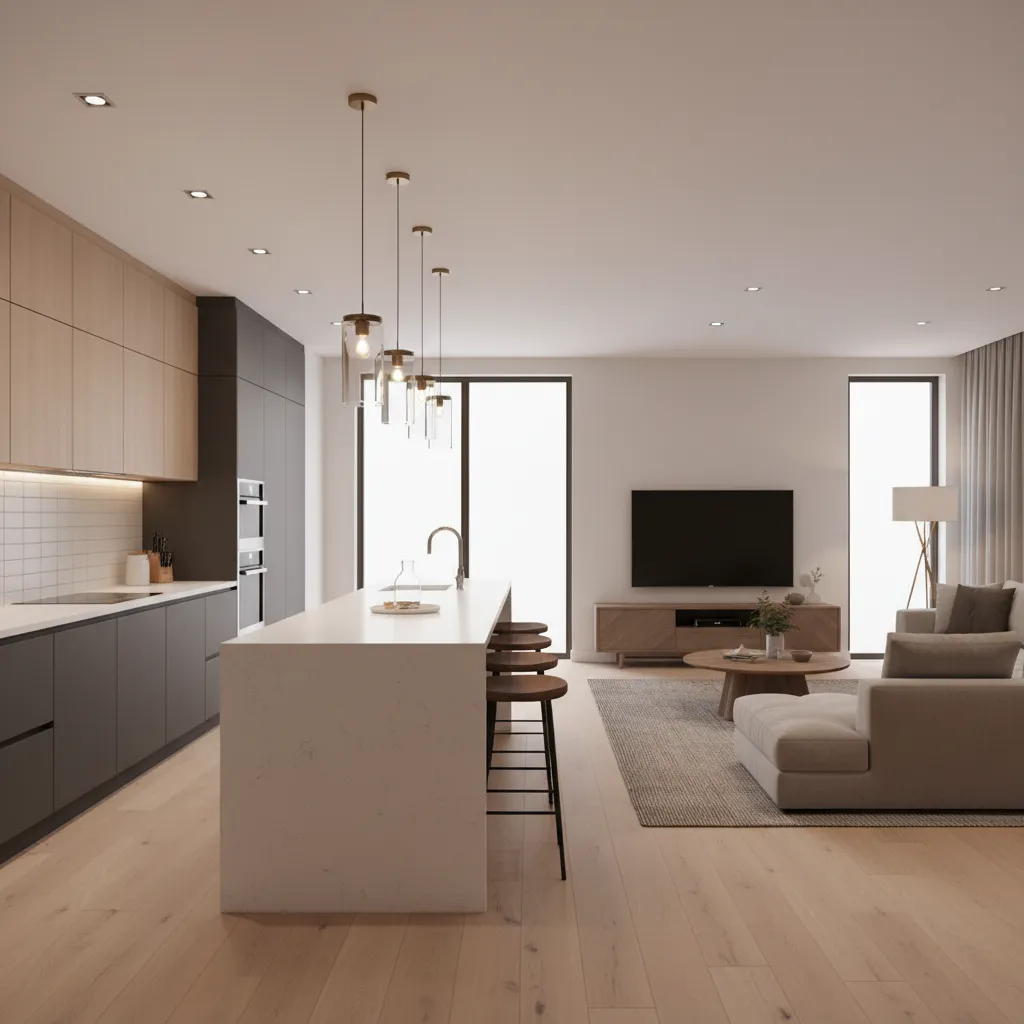 Kitchen island separating kitchen from living area in open plan home